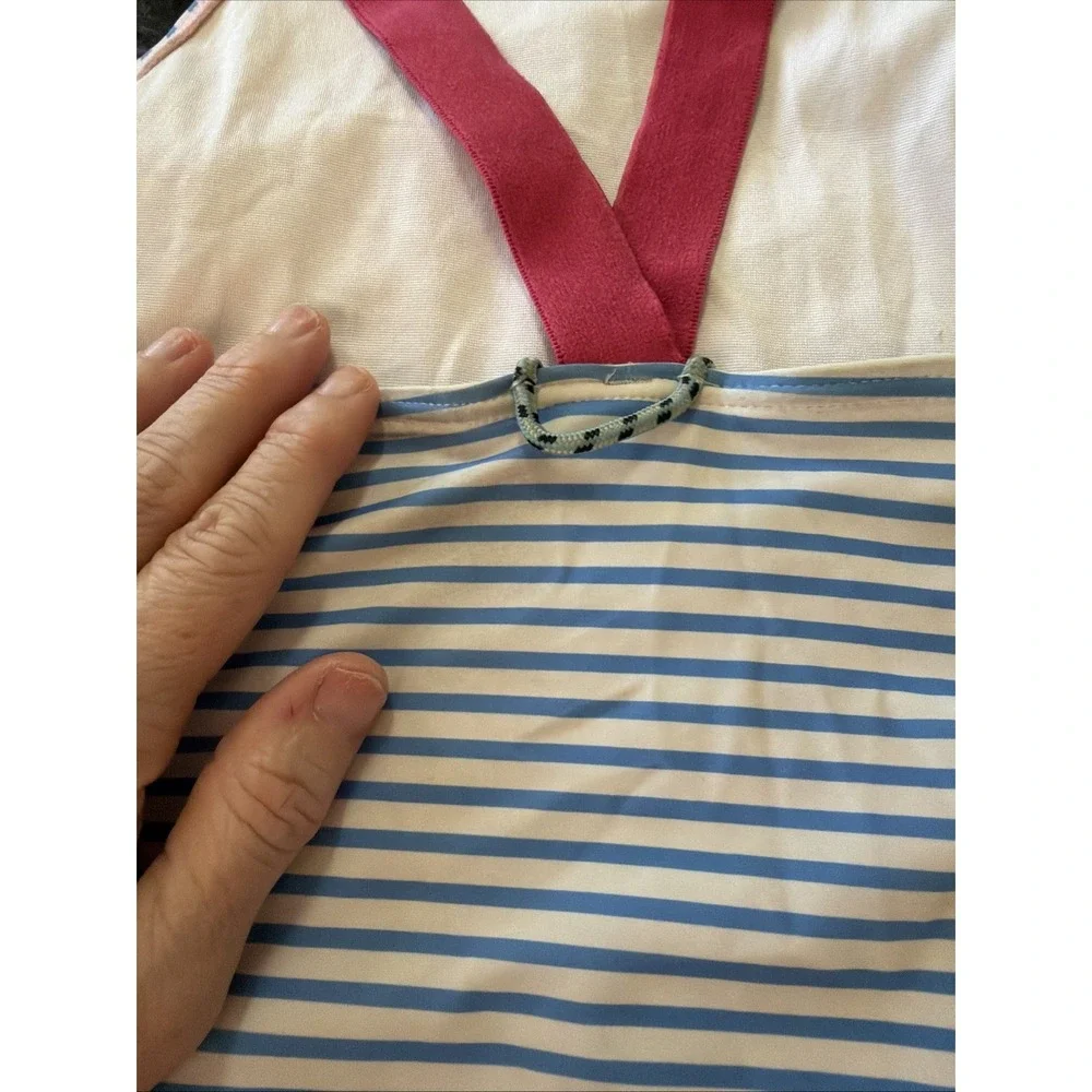 Prodoh Girls One Piece Swimsuit Sz 12 Blue‎ White Stripe Bathing Suit Beach Swim